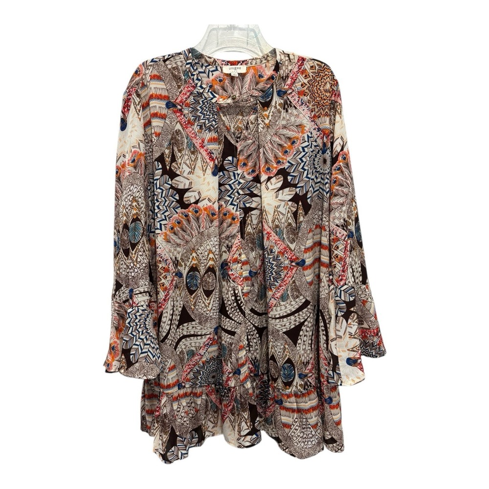 Umgee Top Womens Medium Brown Multi Abstract‎ Longline Tunic Lagenlook Artsy